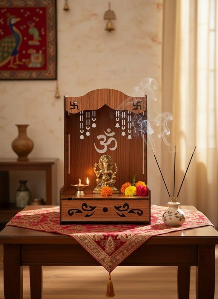 Wooden Pooja Mandir for Home | Small Temple with Drawer | Wall Mounted & Table Top Mandir | OM & Bell Design Home Temple | Brown Wooden Pooja Ghar for Home & Office