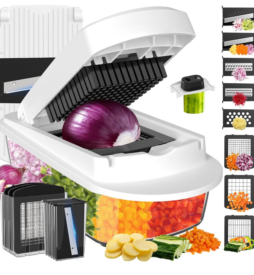 8 Blade All-in-1 Vegetable Chopper Mandoline Slicer with Container, Food Chopper, Onion Chopper, Veggie Cutter for Salad, Kitchen Gadgets Accessories Essentials, White