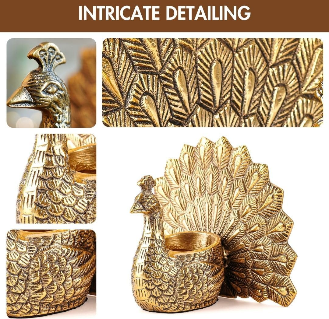 Aluminium Dancing Peacock Figurine Pair for Love & Good Luck | Home Décor Tabletop Showpiece with Scented Votive Candles | Valentine, Anniversary & Wedding Gift for Couples | Set of 2, Gold