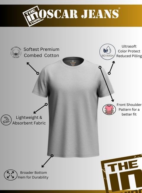 Premium Men's T-Shirt 100% Organic Cotton Super Combed Biowash Crew Neck Soft Breathable 180 GSM