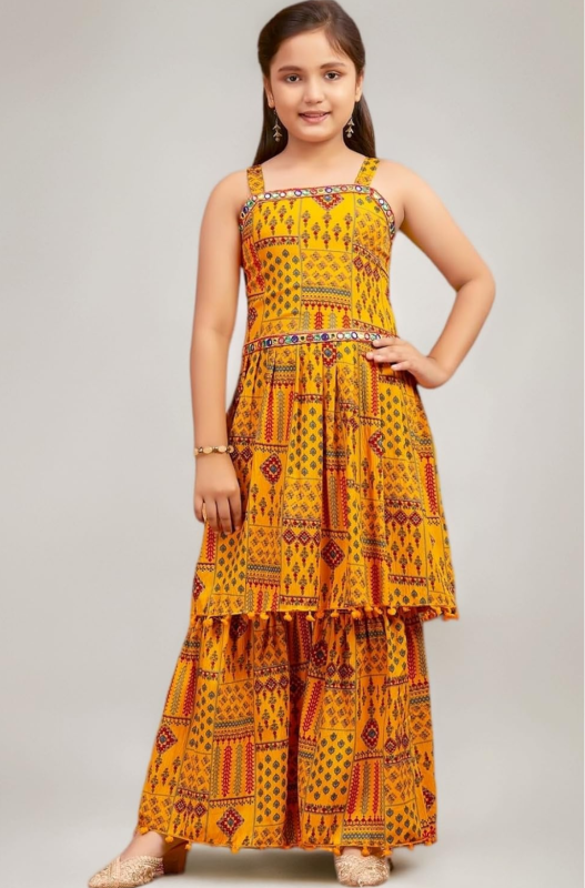 Girls Ethnic Wear yellow black Printed/Mirror Lace Polyester Kurti Sharara Set