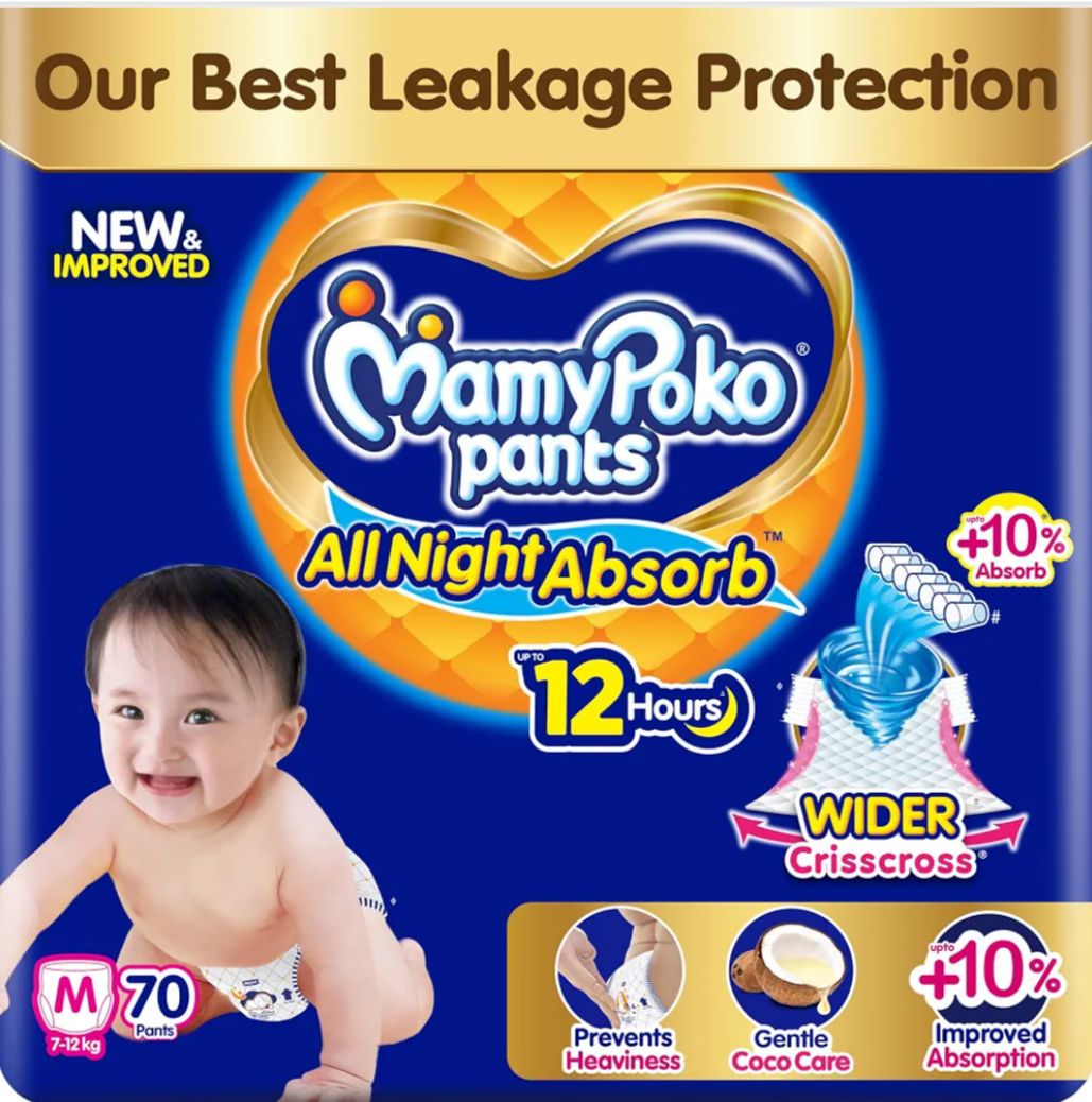 New Mamypoko Pants Premium All Night Absorb| Pant Style Baby Diapers Medium Size(M), 70 Count, Ideal for 7-12Kgs|1 Diaper= Upto All Night Absorption now with 10% increased power|Wider Crisscross Sheet