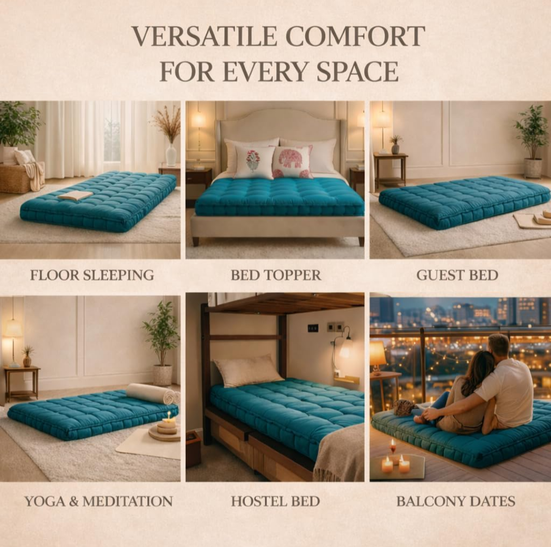 Khadi Essential Cotton Filled Mattress Gadda Soft & Reversible, Pure Cotton Fabric, Firm Gadda for Floor & Bed, (72 x 72 x 4 Inches,) (Coral Green, King) (King)