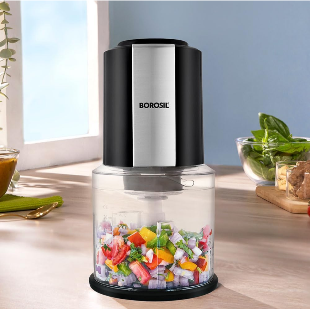 Borosil Chef Delite 300 Watts Electric Chopper for Kitchen, Twin Blade Technology, 600 ml 'chop-n-store' plastic bowl with lid, Vegetable Chopper, Cutter, Chop, Mince, Dice, Whisk, Blend, Black