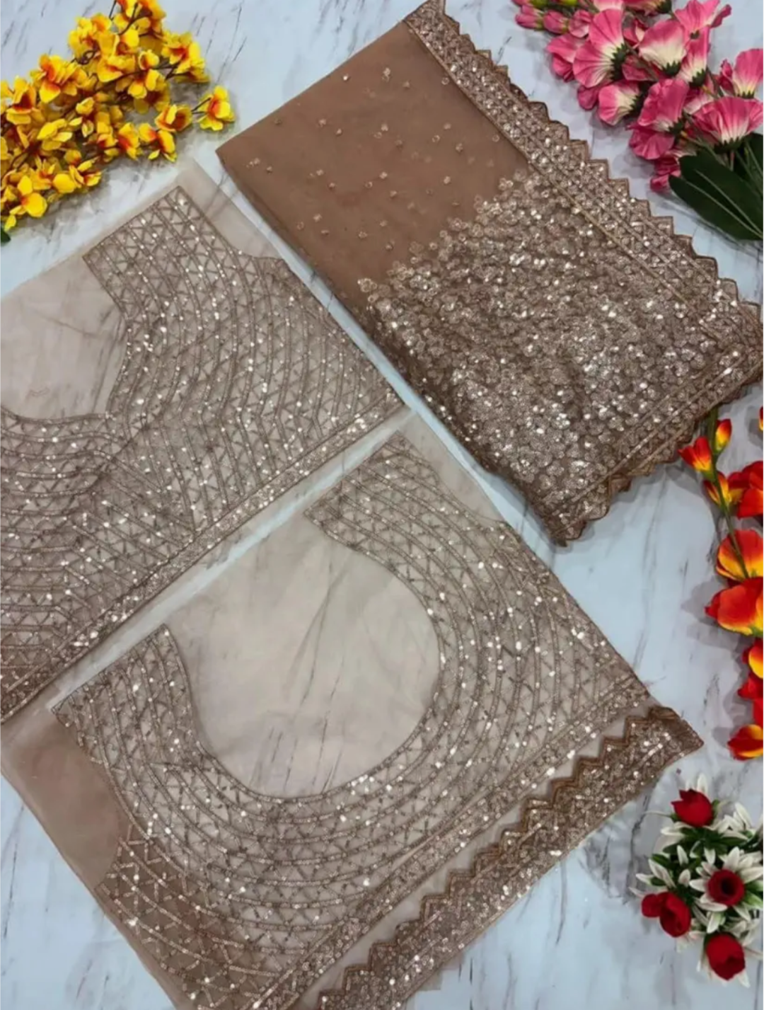 Naari Women's Brown Beige Chiku Net Gold Sequence Saree With Blouse