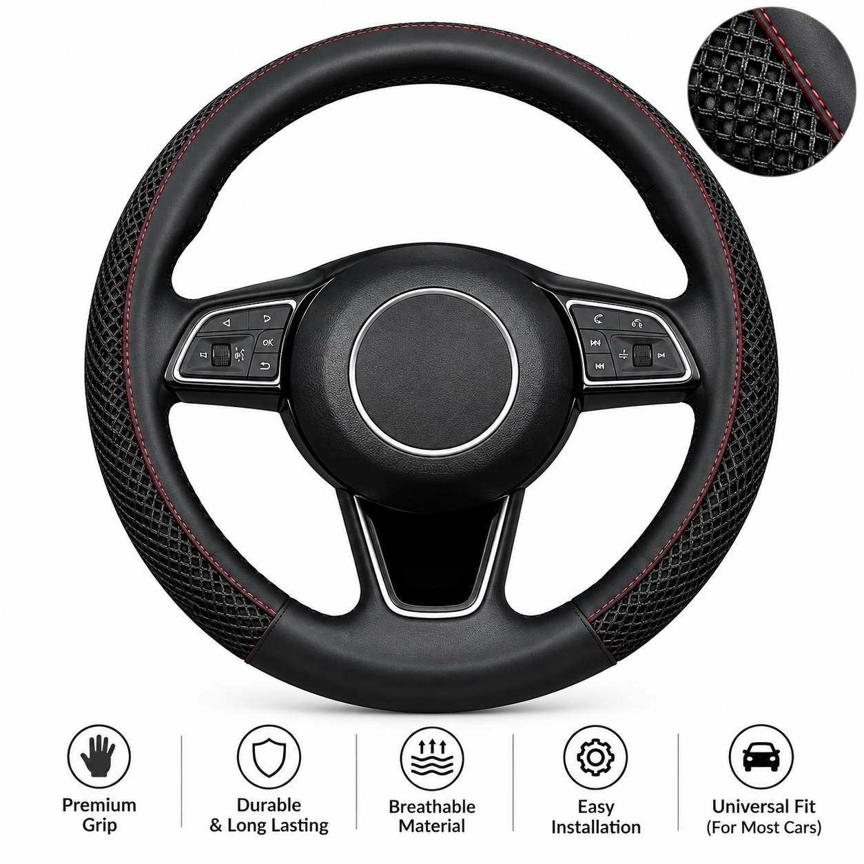 Premium Steering Wheel Cover – Black with Red Stitching
