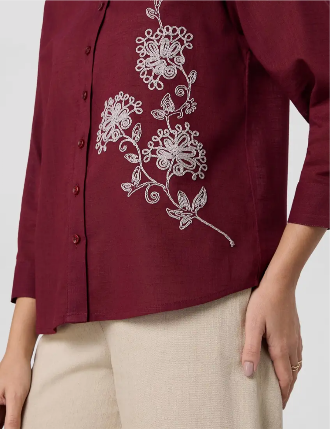 Symbol Premium Women's Embroidered Cotton Shirt | 3/4 Sleeve Button-Down with Floral Embroidery (Available in Plus Sizes)